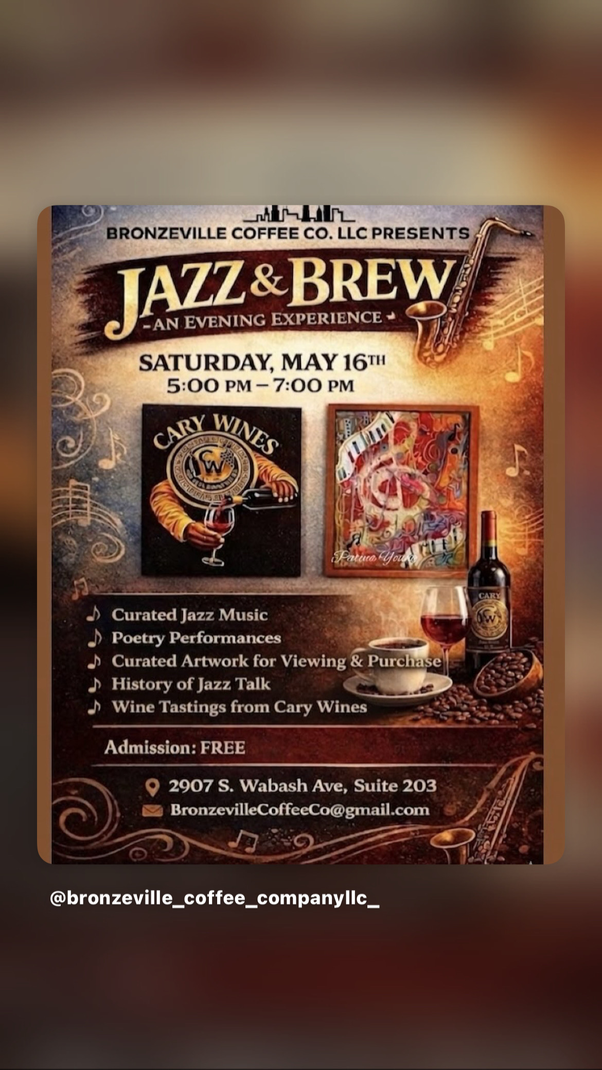 Jazz and Brew event flyer for Bronzeville Coffee Co. LLC